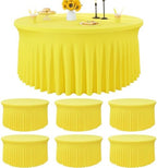 6 Pack Yellow Spandex Round Tablecloths for 72 inch Table, Wrinkle Free Stretchy 132inch Fitted 6FT Round Table Cover with Skirt for Wedding Party Dining Banquet by Htper