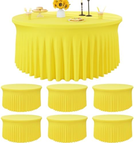 6 Pack Yellow Spandex Round Tablecloths for 72 inch Table, Wrinkle Free Stretchy 132inch Fitted 6FT Round Table Cover with Skirt for Wedding Party Dining Banquet by Htper