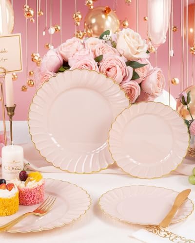 YOUBET 175PCS Pink Scalloped Plastic Plates for Party Wedding Baby Shower - Image 5