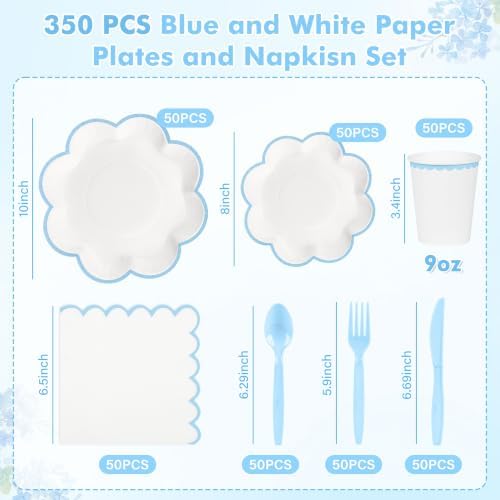 350 Pcs Blue and White Paper Plates and Napkins Set, Tableware for 50 Guest - Image 2