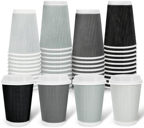 Whaline 100Pcs Gray Disposable Coffee Cups with Lids 12Oz Gray Black Paper Cups Corrugated Ripple Wall Insulated Hot Cup for Home Office Party Supplies by Whaline
