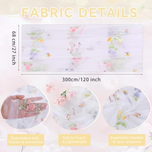 White Floral Table Runner Embroidery Floral 6pcs 10ft Tulle Spring Flowers - Image 5