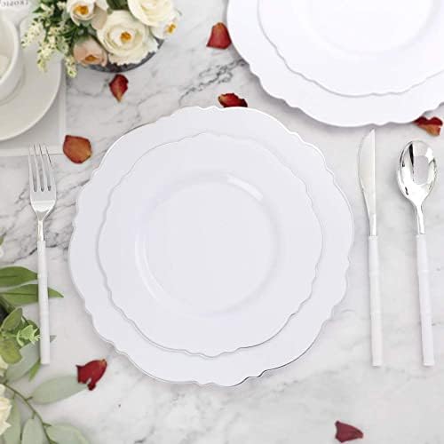 WDF 60pcs Silver Plastic Plates-Baroque White &Silver Plates for Upscale Parties &Wedding-including 30Plastic Dinner Plate 10.25inch, 30 Salad Plate 7.5inch for Baby/Shower/Wedding/Independence Day - Image 3