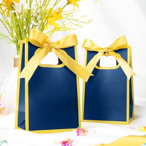 AmazingSpark 50 Pcs Navy Blue Gold Mini Gift Bags Bulk 6.3 x 3.9 x 2.8 Inch Party Favors Elegant Small Gift Bags with Handles and Ribbon Bows for Wedding Birthday Bridal Baby Shower Party Favors - Image 3