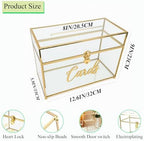 Wedding Card Box with Heart Lock, Large Metal Glass Card Box with Gold Frame for Party Reception, Wedding, Baby Showers, Birthdays, Bridal, or Graduation, 12.6×5.9×9 Inches - Image 2