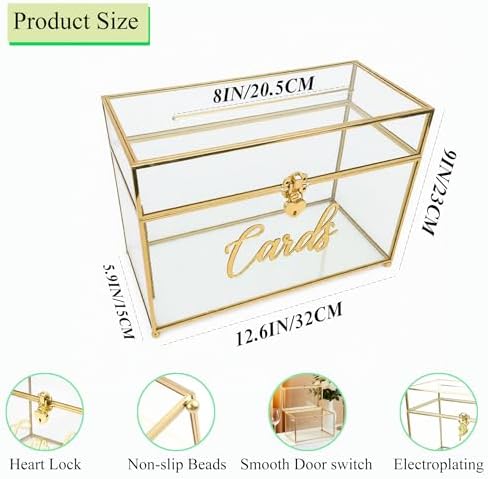 Wedding Card Box with Heart Lock, Large Metal Glass Card Box with Gold Frame for Party Reception, Wedding, Baby Showers, Birthdays, Bridal, or Graduation, 12.6×5.9×9 Inches - Image 2