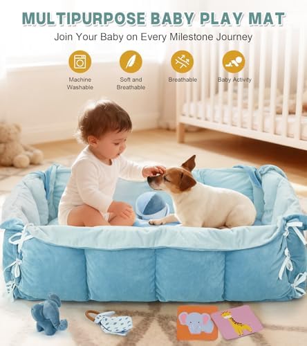 5-in-1 Baby Play Gym and Tummy Time Mat, 12 Learning Cards, Plush Activity Mat with 6 Toys, Baby Gym, Convertible to Ball Pit, Baby Gift, Blue - Image 6