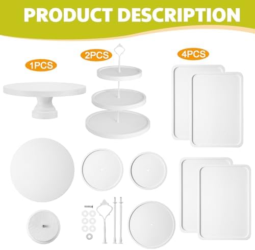 RattanView 7 Pcs Wooden Dessert Display Set 3 Tier Stands Trays, White - Image 3