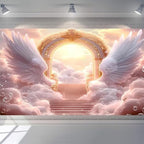 Pink Angel Wings Theme Banner Paradise Gate Sky Stairway to Heaven Holy Light Clouds Gold Sky Background Heaven Sent Baby Shower Baptism Banner Easter Photo Background (Pink, 9 * 6feet) by Unknown