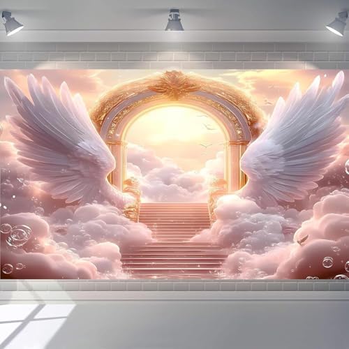 Pink Angel Wings Theme Banner Paradise Gate Sky Stairway to Heaven Holy Light Clouds Gold Sky Background Heaven Sent Baby Shower Baptism Banner Easter Photo Background (Pink, 9 * 6feet) by Unknown