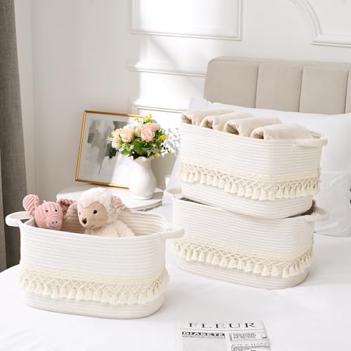 2 Pack Storage Basket for Shelves, Boho Cotton Rope Storage Bins with Heavy Tassel, Shelf Baskets Large Woven Baskets for Organizing, Cube Organizer Bins, Baby Laundry Basket for Clothes, Toys, Pets - Image 2
