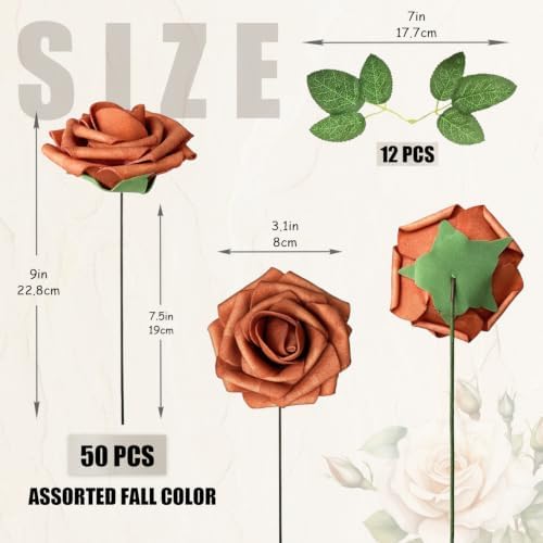 50pcs Burnt Orange Brown Foam Fake Roses with Stems Fall Terracotta Beige Artificial Flowers Real Looking Wedding Bouquets Bridal Shower Centerpieces Rustic Arrangements Party Tables Decor Bulk - Image 3