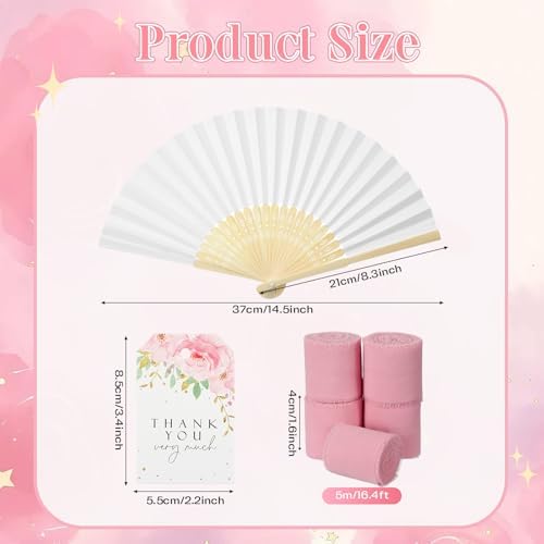 50 Sets Wedding Fan Favors for Guests, White Folding Hand Fans with Thank You Tags and Chiffon Ribbon, Wedding Guest Gifts for Bridal Shower, Baby Shower and Church Events(Pink,Flower) - Image 2