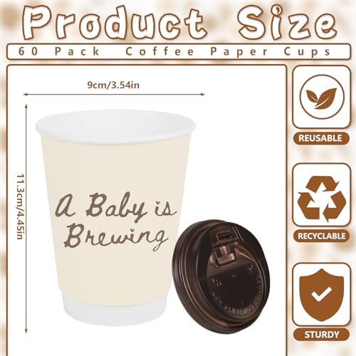 FYSUIMU 60 Sets Baby Shower Coffee Paper Cups with Lids Straws A Baby Is Brewing Disposable Cup Double-Wall Drinking Cups for Pregnancy Announcement Gender Reveal, 13.5oz - Image 2