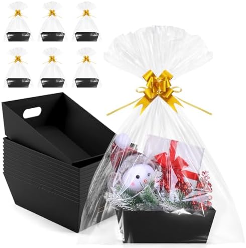 AFOROEOA 10PACK Baskets For Gifts Empty, 10 x 8” Thick Black Gift Basket with 10 Clear Gift Bags and 10 Pull Bows, Empty Gift Baskets for Christmas, Thanksgiving Wedding Birthday Party Wrapping Gift by AFOROEOA