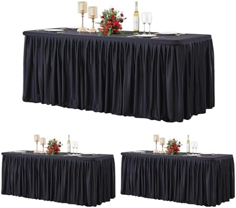 Wish Care 3 Pack Black Polyester Table Clothes for 8 Foot Rectangle Tables, Wrinkle Free Fitted Table Cover with Pleated Ruffle Table Skirt for Birthday Party Wedding Trade Show Event Display by WishCare