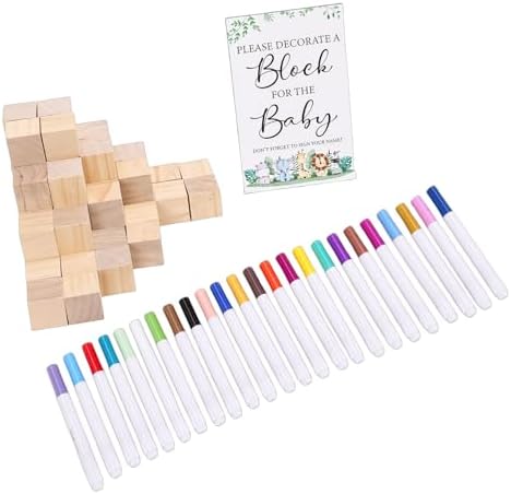 Baby Shower Game Kit Baby Shower Blocks Set Activity Kit 50 Wooden Blocks 24 Acrylic Paint Markers with Game Sign for DIY Crafts Gender Reveal Parties (Games Gift) - Image 4