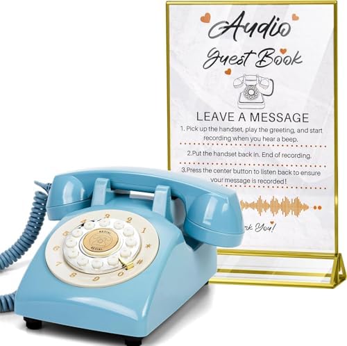 Audio Guest Book Wedding Phone,32GB Memory Customized Audio Messages, Volume Adjustable, with Message Replay Feature, Suitable for All Kinds of Party(Blue+Golden Sign) by FiayaComVintageTelephone