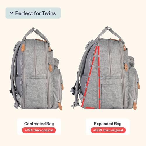 BabbleRoo Extra Large Diaper Bag Backpack, Expandable Baby Bag with Up to 50% More Capacity - Travel Essentials Baby Bag Tote with Changing Pad, Stroller Straps & Pacifier Case - Unisex, Light Gray - Image 2