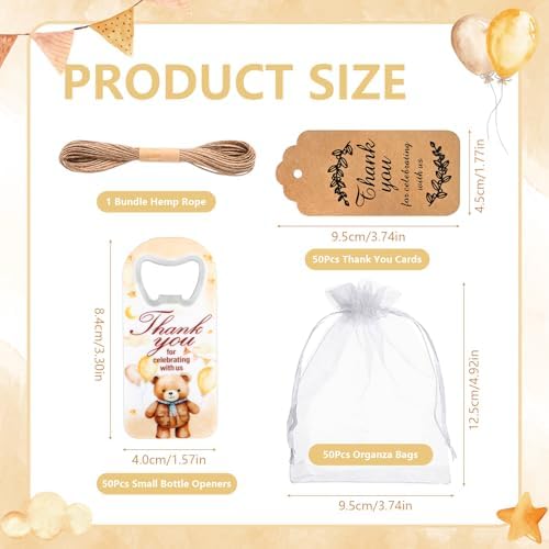 50Pcs Bear Bottle Opener Baby Shower Favors for Guests Cute Magnetic Bottle Openers with Organza Bags and Thank You Cards, for Gender Reveal Theme Party Decorations Rerurn Gift and Souvenirs - Image 2