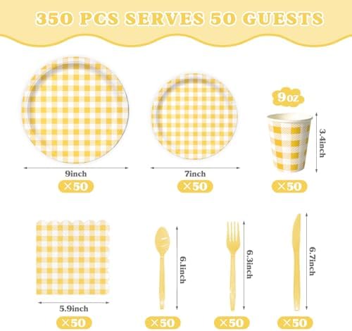 Vyntra 350-Pc Yellow Gingham Paper Plates and Napkins Party Supplies - Image 3