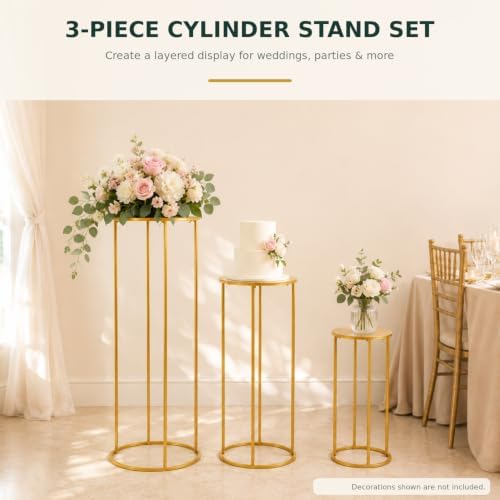 3 Pcs Cylinder Pedestal Stands for Party, Gold Metal Plant Stand - Image 2