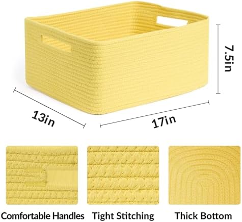 MiniArk Large Storage Baskets for Organizing, 17 x 13 x 7.5” Closet Shelf Baskets for Clothes Blanket Towels, Baby Nursery, Toy Bins Box, Woven Rope Baskets, 4 Packs Yellow - Image 2