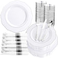Liacere 350PCS Silver Plastic Plates-Disposable White and Silver Plates 50guest Baroque Plastic Dinnerware Set include 100Plates, 50Pack Pre Rolled Napkins with Silverware 50Cups Perfect for Wedding by Liacere