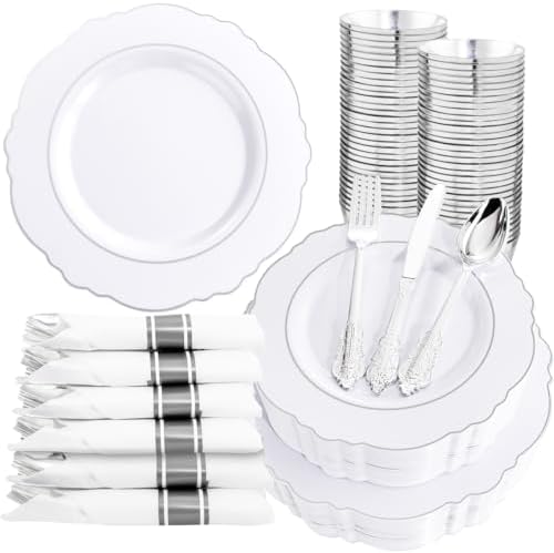 Liacere 350PCS Silver Plastic Plates-Disposable White and Silver Plates 50guest Baroque Plastic Dinnerware Set include 100Plates, 50Pack Pre Rolled Napkins with Silverware 50Cups Perfect for Wedding by Liacere