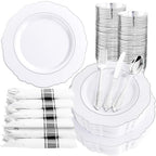 Liacere 175pcs Silver Plastic Plates - White and Silver Disposable - 25guest Baroque Plastic Dinnerware include 50Plates, 25Pack Pre Rolled Napkins with Silverware 25Cups for Wedding&Party&Easter Day by Liacere