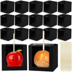 Yahenda 60 Pcs Kraft Candy Apple Boxes with Hole and Stick 4" x 4" x 4" Candied Apple Cake Cookies Chocolate Gift Boxes with Clear Window Caramel Apple Boxes for Wedding Baby Shower Party (Black) by Yahenda