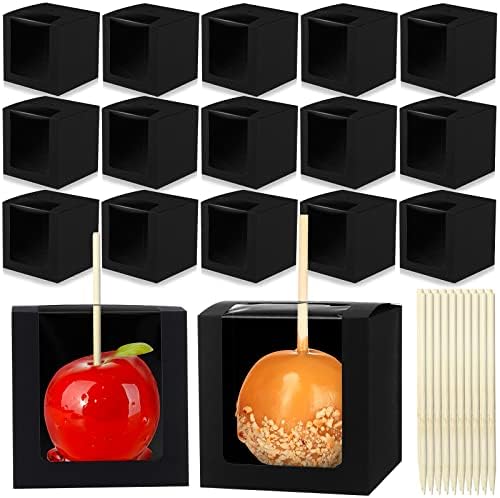 Yahenda 60 Pcs Kraft Candy Apple Boxes with Hole and Stick 4" x 4" x 4" Candied Apple Cake Cookies Chocolate Gift Boxes with Clear Window Caramel Apple Boxes for Wedding Baby Shower Party (Black) by Yahenda