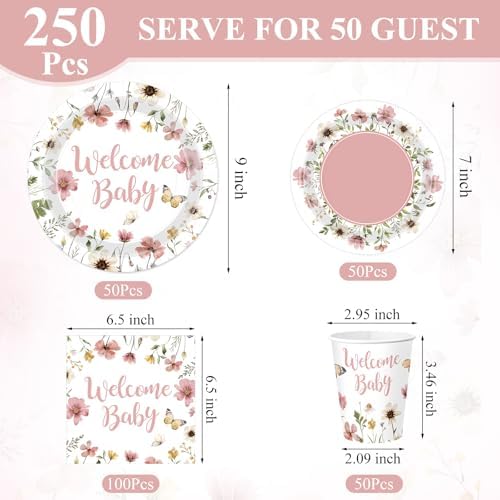 Pickmesh 250 Pcs Pink Floral Baby Shower Party Supplies Decorations Serve 50 Wildflower Welcome Baby Disposable Paper Plates Napkins and Cups for Birthday Babies Girl Shower Gender Reveal Party Decor - Image 3