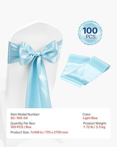 VEVOR Satin Chair Sashes Bows, Chair Ribbon Ties Back Sash, 7 x 108 inch, Wedding Reception Decoration, for Wedding Ceremony Baby Shower Party Events Banquet Cover Decoration (Light Blue, 100pcs) - Image 7