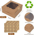100 pcs 6x6x3 Inches Small Cake Box with Window, Bakery Pastry Cookie Boxes, Mini Pie container for Pastry,Dessert,Strawberries,Chocolates, Cupcakes with paper stickers (Brown) - Image 2