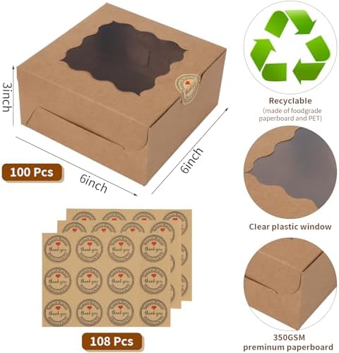 100 pcs 6x6x3 Inches Small Cake Box with Window, Bakery Pastry Cookie Boxes, Mini Pie container for Pastry,Dessert,Strawberries,Chocolates, Cupcakes with paper stickers (Brown) - Image 2