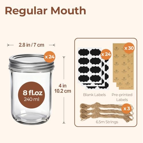 ComSaf 8 oz Mason Jars Bulk Set, 24 Pack Small Regular Mouth Jars with Lids - Image 2