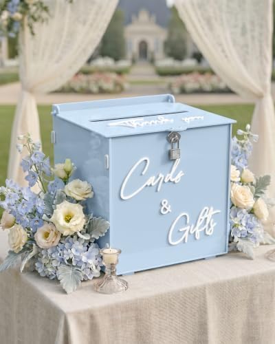 Sky Blue Acrylic Wedding Card Box with Lock, 10" Card Holder with Slot by CORALMEE