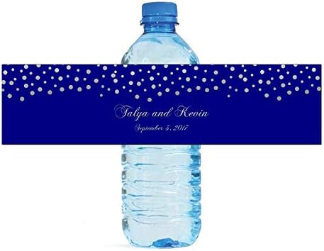 Silver Confetti Falling On Navy Background Water Bottle Labels Weddings Anniversary Bridal Shower Easy to Use by DesignThatSign
