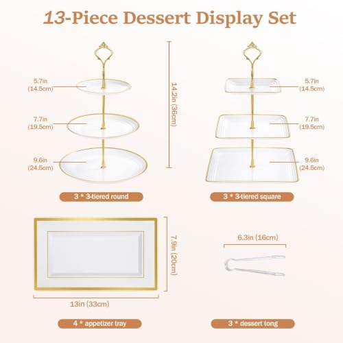 13 Pcs Dessert Display Set, 6 3-Tier Cupcake Stands, 4 Trays & 3 Tongs - Image 3