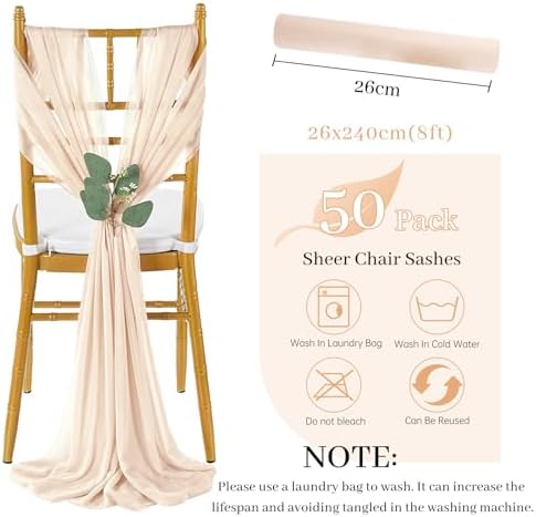QueenDream Champagne Chair Sashes Wedding Chair Decorations: 50 Packs 8ft Sheer Bows Designed ChairSashes for Baby Shower Banquet Hotel ChairsDecor - Image 6