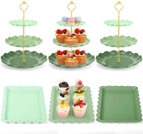 FoldTier 6 Pack Cupcake Stand Set 3 Pcs 3 Tier Gradient Dessert Table Display Stands Cookie Tray Rack 3 X14 in Rectangle Party Trays for Wedding Birthday Tea Party Baby Shower(Green,Round) by FoldTier
