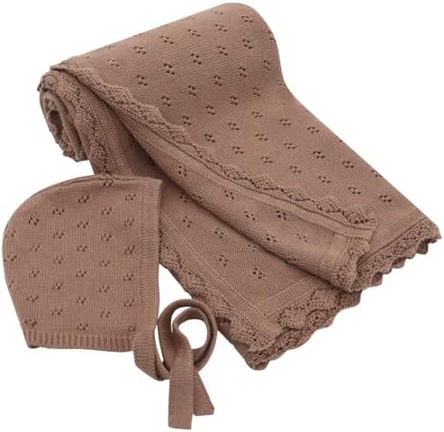 LifeTree Knit Baby Blanket & Hat, 100% Cotton Soft Swaddle & Receiving Blanket for Toddler, Lightweight & Breathable Newborn Blanket Unisex for Crib, Stroller, 31X40 Inches, Shower Registry Gift,Brown by LifeTree