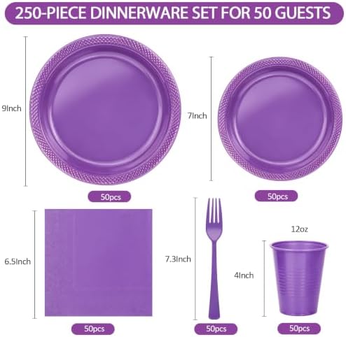 250Pcs Purple Plastic Party Plates and Napkins Set for Birthday, Halloween - Image 2