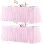 2 Pack Pink Table Cloth for 6 Foot Rectangle Tables, Pink Stretch Fitted Tulle Table Covers Skirt, Rectangular Ruffle Tutu Tablecloth Wedding Banquet Baby Shower Cake Tablecloths Decorations by Tao-GePartyDecorations