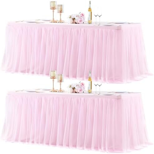 2 Pack Pink Table Cloth for 6 Foot Rectangle Tables, Pink Stretch Fitted Tulle Table Covers Skirt, Rectangular Ruffle Tutu Tablecloth Wedding Banquet Baby Shower Cake Tablecloths Decorations by Tao-GePartyDecorations