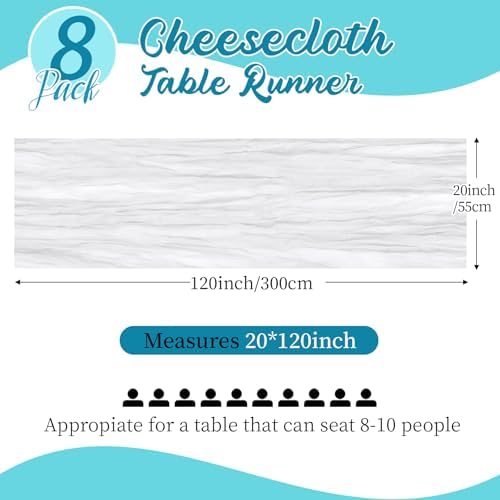 8 Pack White Cheesecloth Table Runners 20x120 Inch Gauze Table Runner Cheese Cloth 10FT White Table Runner Rustic Sheer Runner for Wedding Birthday Party Baby Shower Table Decor - Image 2