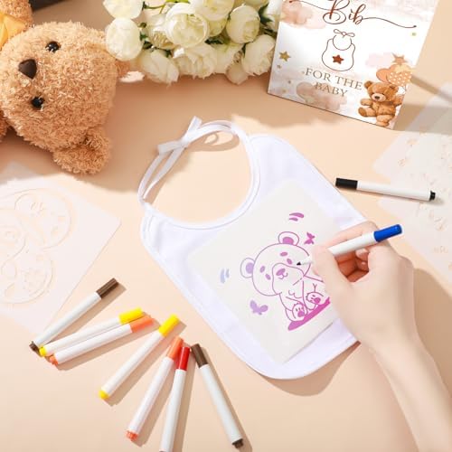 Panitay 100 Pcs DIY Baby Bibs Decorating Kit 50 White Bibs 25 Stencils 24 Markers 1 Baby Shower Game Sign - Image 4