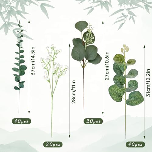 HUAHUA Mixed Artificial Eucalyptus Leaves Stems Bulk,Fake Greenery Plants Faux Silver Dollar Eucalyptus Leaves for DIY Bouquets Centerpiece Floral Arrangement Home Wedding Decor (120, Green/White) - Image 4