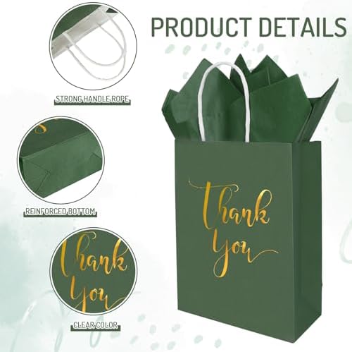 Whaline 30Pcs Sage Green Thank You Paper Gift Bags 6.3 x 3.1 x 8.7 inch 3 Colors Gold Foil Thank You Party Favor Bag with Handle 40 Sheet Tissue Paper for Wedding Birthday One Lucky Duck Gift Wrapping - Image 3